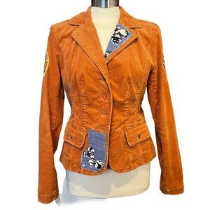 Jacket Corduroy Orange Patches Embroidery Women’s 8 Petite Mid Length Medium 4 6